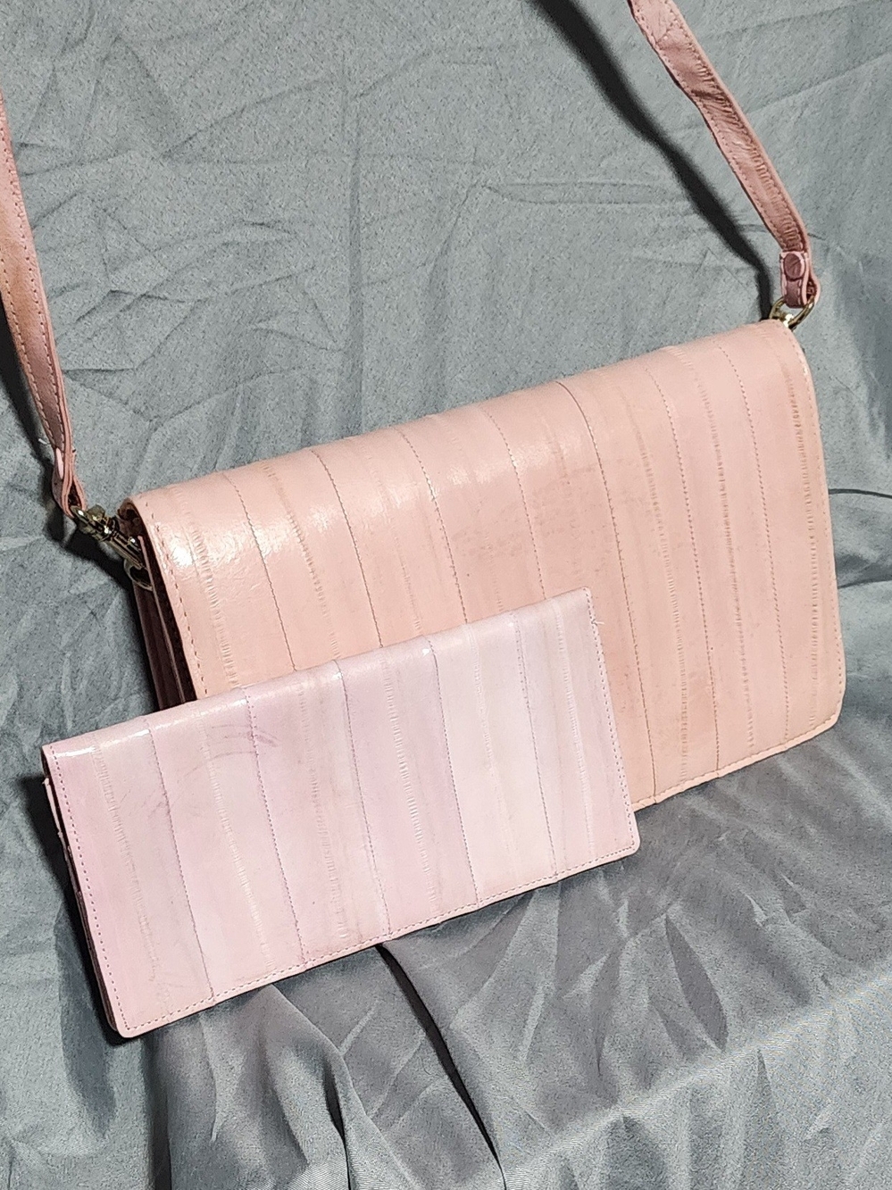 Vintage 100% Eel Skin Pink Crossbodybag Shoulderbag Purse W/ Wallet Duo